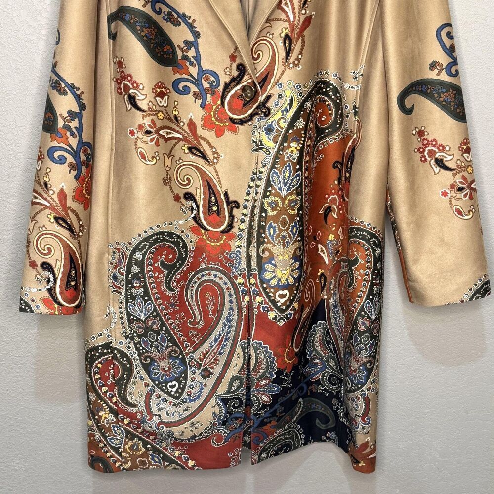 Chico's Topper Jacket 12 14 (2) Tan Paisley Faux Suede Boho Lightweight Coat - Picture 5 of 9